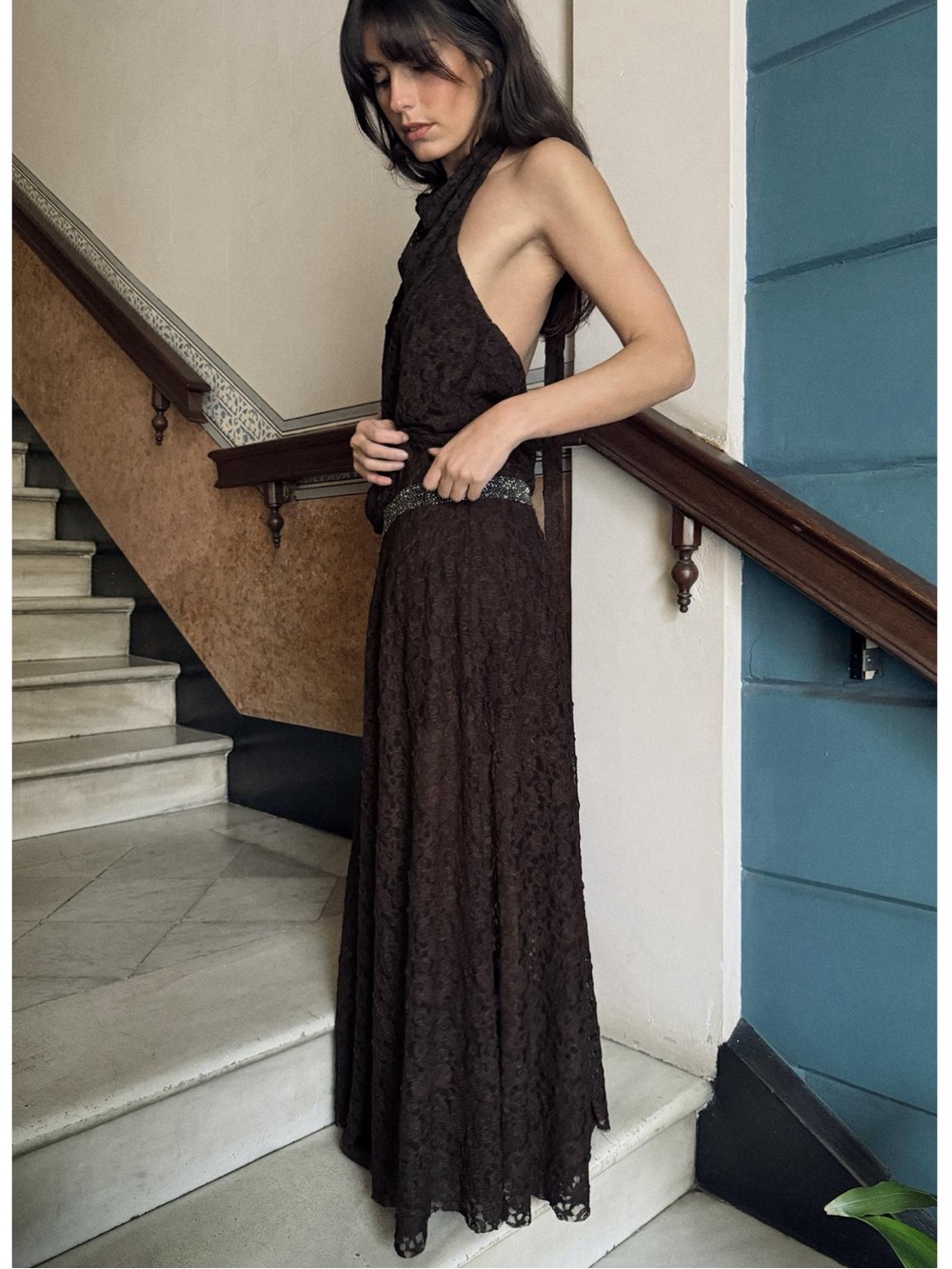 Zara Sparkly Brown Lace Halter Maxi Dress